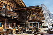 Snow-covered mountains and ski hut, winter, Seceda, Val Gardena, Dolomites, South Tyrol, Italy