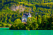 Blick auf Iseltwald-Halbinsel mit Schloss Seeburg, Iseltwald, am Brienzersee, bei Interlaken, Kanton Bern, Schweiz
