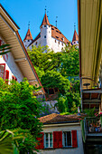 City of Thun with Castle Between Houses in a Sunny Day in Bernese Oberland, Bern Canton, Switzerland.