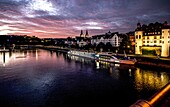 Old town on the Moselle with panoramic boat on the promenade and Ehrenbreitstein Fortress in the light of dawn, Koblenz, Upper Middle Rhine Valley, Rhineland-Palatinate, Germany