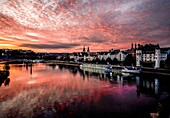Old town on the Moselle with panoramic boat on the promenade and Ehrenbreitstein Fortress in the light of dawn, Koblenz, Upper Middle Rhine Valley, Rhineland-Palatinate, Germany