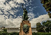 Görres monument in front of a moving cloudy sky, in the background the Electoral Palace, Koblenz, Upper Middle Rhine Valley, Rhineland-Palatinate, Germany
