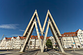 The giant double M logo of the Leipzig Trade Fair at the east gate of the Alte Leipziger Messe in Leipzig, Saxony, Germany
