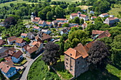 Aerial view of Seckendorff Castle with town and Buchenau Castle in the Hessisches Kegelspiel region, Eiterfeld Buchenau, Rhön, Hesse, Germany