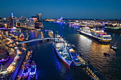 Aerial view of the museum ship Cap San Diego and the cruise ship Vasco da Gama (nicko cruises) during the Hamburg Cruise Days 2023 at night, Hamburg, Hamburg, Germany