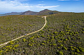 Luftaufnahme von einem Grootbos Allrad-Safarifahrzeug auf Feldweg in der Landschaft, Grootbos Private Nature Reserve, Westkap, Südafrika