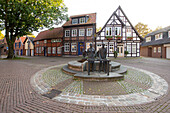 Nienburg, the asparagus fountain created in 1998 by Helge Michael Breig (11930-2020) symbolizes the importance of the city as a center for asparagus cultivation, Lower Saxony, Germany