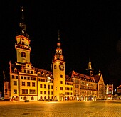 Old and New Town Hall on the market square in lantern light, Chemnitz, Saxony, Germany
