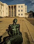 Sculpture in front of the New Building style municipal swimming pool in Chemnitz, Saxony, Germany
