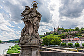 Figure of the Virgin Mary on the Old Main Bridge in Würzburg, Lower Franconia, Franconia, Bavaria, Germany