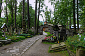 Alter Friedhof (Stary Cmentarz) mit goralischen Grabkreuzen und Blick auf die Alte Dorfkirche (Stary Kościół parafialny) in Zakopane in der Hohen Tatra in Polen
