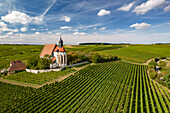 The pilgrimage church Maria im Weingarten and vineyards near Volkach seen from the air, Lower Franconia, Bavaria, Germany