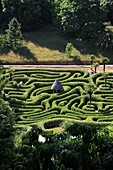 Blick auf Labyrinth und Irrgarten von Glendurgan Garden, Cornwall, England, Großbritannien