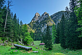 Holzbank mit Blick auf Alm und Gipfel der Drei Brüder, Drei Brüder, Reiteralm, Berchtesgadener Alpen, Salzburg, Österreich