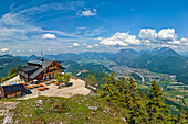 Panorama from Pendlinghaus with Inn Valley, Chiemgau Alps and Kaiser Mountains in the background, Brandenberg Alps, Tyrol, Austria
