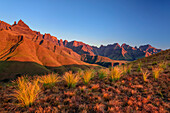 Alpenglow in the Drakensberg with The Pyramid, Organ Pipes Pass, Didima, Cathedral Peak, Drakensberg, Kwa Zulu Natal, UNESCO World Heritage Site Maloti-Drakensberg, South Africa