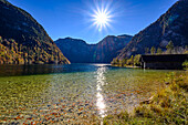 Tourist boat trip/shipping on the Königssee, Königssee with St. Bartholomä Church in front of the Watzmann east wall, Königssee, Berchtesgaden National Park, Berchtesgaden Alps, Upper Bavaria, Bavaria, Germany