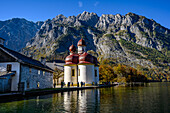 Tourist boat trip/shipping on the Königssee, Königssee with St. Bartholomä Church in front of the Watzmann east wall, Königssee, Berchtesgaden National Park, Berchtesgaden Alps, Upper Bavaria, Bavaria, Germany