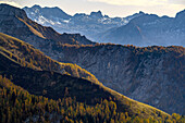 Blick vom Jenner auf Berge, Wandern auf den Berg Jenner am Königssee in den Bayerischen Alpen, Königssee, Nationalpark Berchtesgaden, Berchtesgadener Alpen, Oberbayern, Bayern, Deutschland