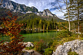 Blick auf Hintersee, Wandweg Naturlehrpfad am Bach/Fluss Ramsauer Ache, wandern im Zauberwald am Hintersee im Bergsteigerdorf Ramsau. Ramsau bei Berchtesgaden, am Watzmann und Königssee, Nationalpark Berchtesgaden, Berchtesgadener Alpen, Oberbayern, Bayern, Deutschland