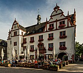 Old town hall on the market square with Ratskeller and outdoor restaurants, Darmstadt; Germany