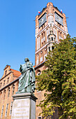 Old Town Hall (Ratusz Staromiejski) and Nicholas Copernicus Monument (Pomnik Kopernika) at the Old Town Market (Rynek Staromiejski) in Toruń (Thorn, Torun) in the Kujawsko-Pomorskie Voivodeship of Poland