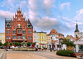 Rynek with town hall and fountain in Chojnice (Konitz) in the Pomorskie Voivodeship in Poland