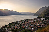 last sunlight with a view from Vesto to Marone, Lake Iseo (Lago d'Iseo, also Sebino), Brescia and Bergamo, Northern Italian Lakes, Lombardy, Italy, Europe