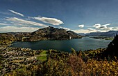 View from the Weißwand viewing point of Lake Wolfgangsee, St. Gilgen and the Schafberg, Salzburger Land and Salzkammergut, Austria