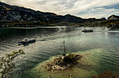 Wayside shrine Ochenkreuz and excursion boats on Lake Wolfgangsee, St. Gilgen, Salzburger Land, Austria