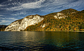 Falkensteinwand and the autumnal shore of Lake Wolfang, Salzkammergut, Austria