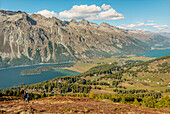 Engadin valley with view of the village of Sils and Lake Sils, Graubünden, Switzerland