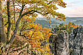 Aussicht vom Bastei Aussichtspunkt im Herbst, Sächsische Schweiz, Sachsen, Deutschland