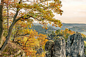 Aussicht vom Bastei Aussichtspunkt im Herbst, Sächsische Schweiz, Sachsen, Deutschland