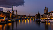 Evening atmosphere with a view of Zurich's old town; Zurich, Switzerland