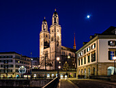Zurich Grossmünster in the moonlight; Zurich, Switzerland
