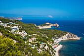 Blick vom Kap Cabo Negro, auf die nördlichen Finger, Cabo San Antonio, Cabo Prim mit den vielen Luxusvillen, Costa Blanca Ostspitzen, Provinz Alicante, Spanien