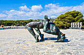 Moraira, bronze figure on the playground on the promenade, at the harbor, Costa Blanca, Spain