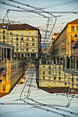 Double exposure of the trolley bus ranging station and it's powerlines in Geneva, Switzerland.