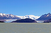 Chile; Southern Chile; Magallanes Region; Mountains of the southern Cordillera Patagonica; Mountains in Torres del Paine National Park; Lake Grey; in the background the foothills of the Gray Glacier