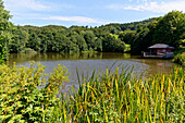 The Guckaisee at the foot of the Pferdeskopf, a sub-peak of the Wasserkuppe, Poppenhausen municipality, Rhön Biosphere Reserve, Hesse, Germany