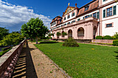 Castle garden at the Kellereischloss or also known as the Red Castle in the wine town of Hammelburg, Bad Kissingen district, Lower Franconia, Franconia, Bavaria, Germany
