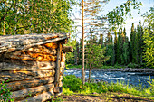 Wildmark campsite with a shelter, nature campground, Oesterdalaelven, Idre, Dalarna Province, Sweden