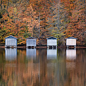 Boathouses on Lake Weßlinger in autumn, Weßling, Upper Bavaria, Bavaria, Germany, Europe