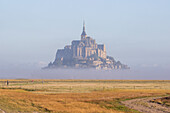 Spaziergänger auf Wiese und Nebelschwaden vor Mont Saint-Michel, Département Manche, Normandie, Frankreich