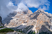 View from the Pale di Misurina to the massif of Monte Cristallo, Province of Belluno, Alto Adige, South Tyrol, Alps, Dolomites, Ampezzo Dolomites Nature Park, Sesto Dolomites, Veneto, Veneto, Italy
