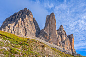Große und Kleine Zinne von Süden, Drei Zinnen, Naturpark Drei Zinnen, Sextener Dolomiten, Provinz Bozen, Trentino-Südtirol, Italien