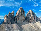 Aerial view of the Three Peaks, Province of Belluno, Alto Adige, South Tyrol, Alps, Dolomites, Ampezzo Dolomites Nature Park, Sexten Dolomites, Veneto, Veneto, Italy