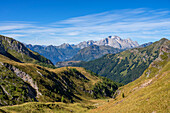 View to the Marmolada, Cortina d&#39;Ampezzo, Cadore Province, Belluno, Alto Adige, South Tyrol, Alps, Dolomites, Italy