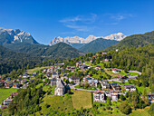 Aerial view of Dozzo near Forno di Zolda with the Civetta group, Province of Belluno, Alto Adige, South Tyrol, Alps, Dolomites, Veneto, Veneto, Italy